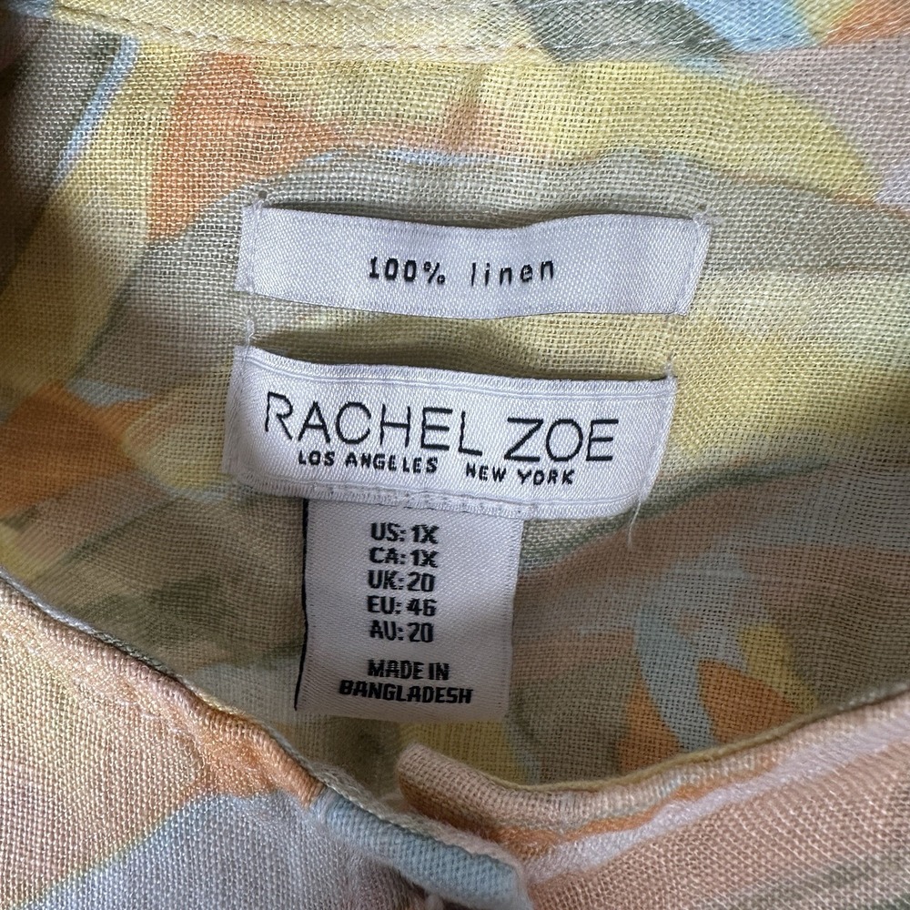 Rachel Zoe 100% Linen Button Up Tunic Top Womens 1X Pastel Floral Print Roll Tab - Picture 7 of 7